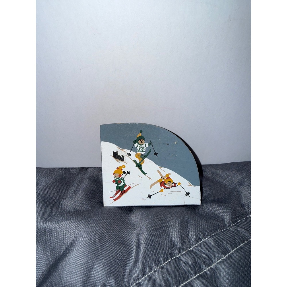 The Cat's Meow Village Vintage Wooden Shelf Sitter Skier Winter Scene Decor